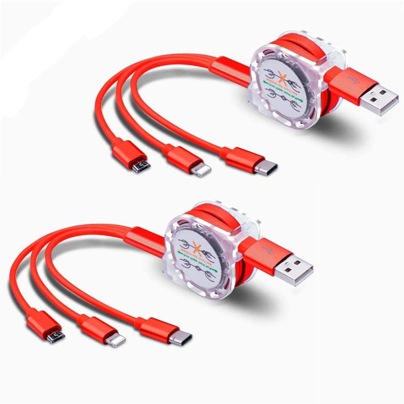 [Australia - AusPower] - Retractable USB Charing Cable, 3 in 1 Multi Fast Charger Cord Adapter with 8 Pin Type C Micro USB Port Connectors for Cell Phones Tablets Universal Use and More （2 Pack） (Red) Red 