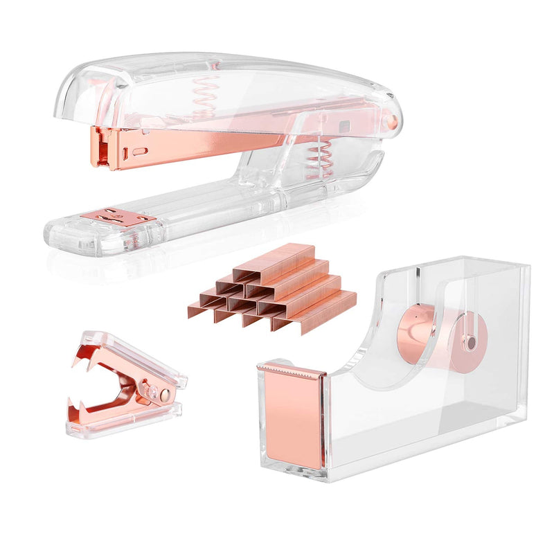 [Australia - AusPower] - ALSISK Desk Accessory Kit,Acrylic Stapler Set, Tape Dispenser, Staple Remover with 1000pcs 26/6 Staples -Rose Gold 