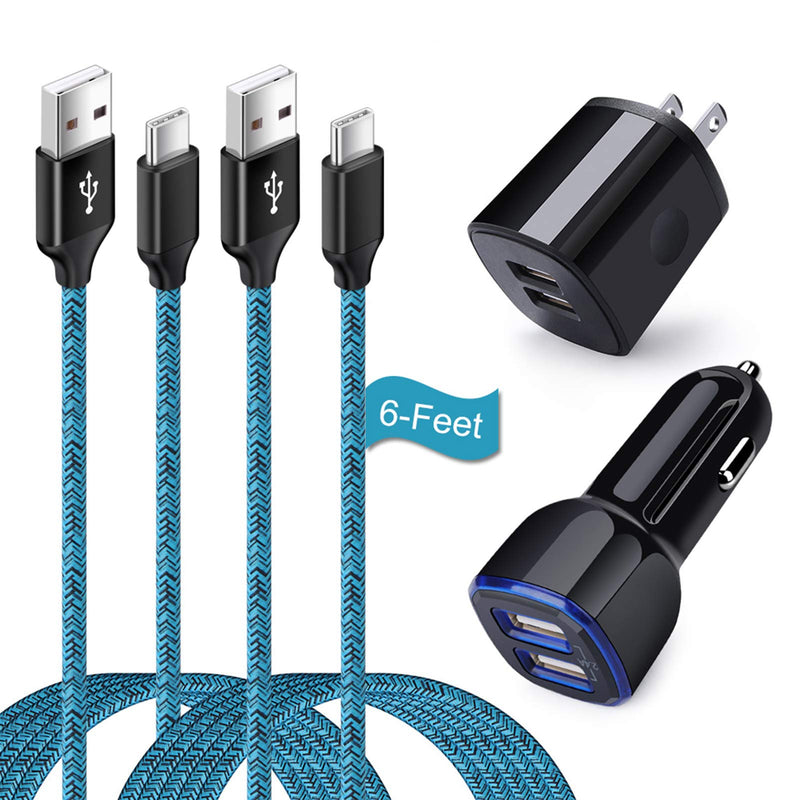 [Australia - AusPower] - Dual USB Car Charger, Wall Plug with 2 Pack Type C Cable for Samsung Galaxy A50 A20 S21 S21+ S20+ Ultra S10 Note 20 Ultra 10 A51 A71 A10E S10E Blue, black 