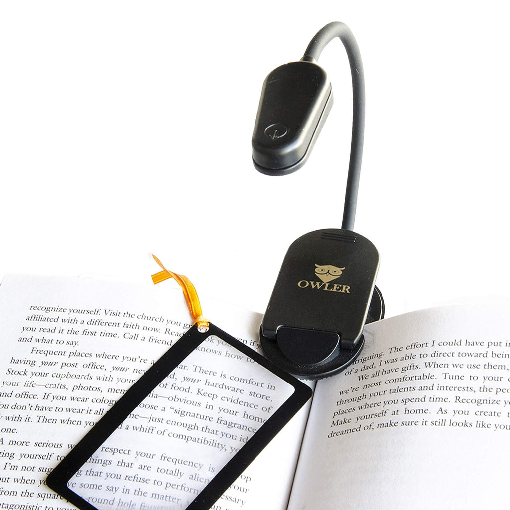 [Australia - AusPower] - Book Light for Reading in Bed at Night by OWLER, Clip On Amber Book Light, Warm LED Reading Night Light, USB Rechargeable, Kindle Accessory, Lampara para Leer Libros, Comes with Magnifier Bookmark 