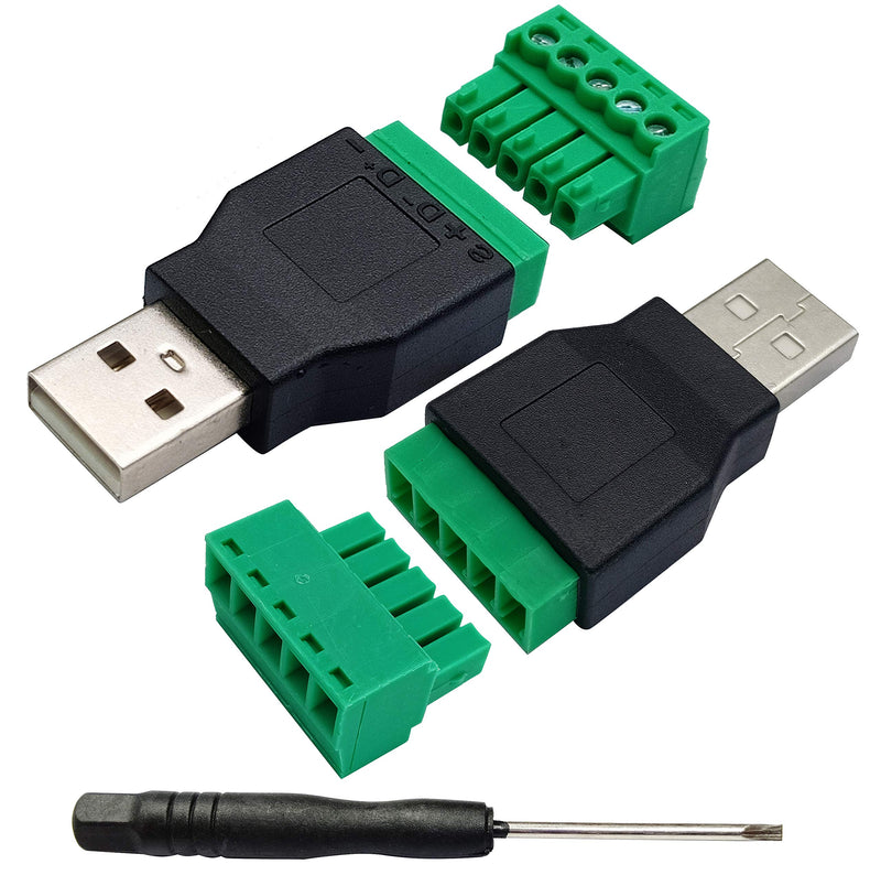 [Australia - AusPower] - AAOTOKK USB 2.0 A Screw Terminal Block Adapter USB 2.0 A Male to 5 Pin/Way Female Bolt Screw Shield terminals Pluggable Type Adapter Connector for Charging and Data Transfer (2Pack/Male) 