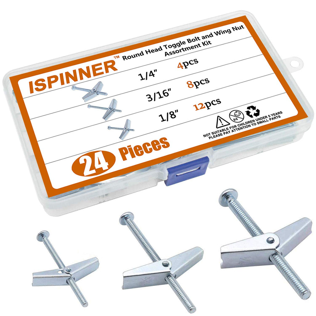 [Australia - AusPower] - ISPINNER 24pcs Toggle Bolt and Wing Nut Assortment Kit for Drywall Hanging Heavy Items 1/8" 3/16" 1/4" 