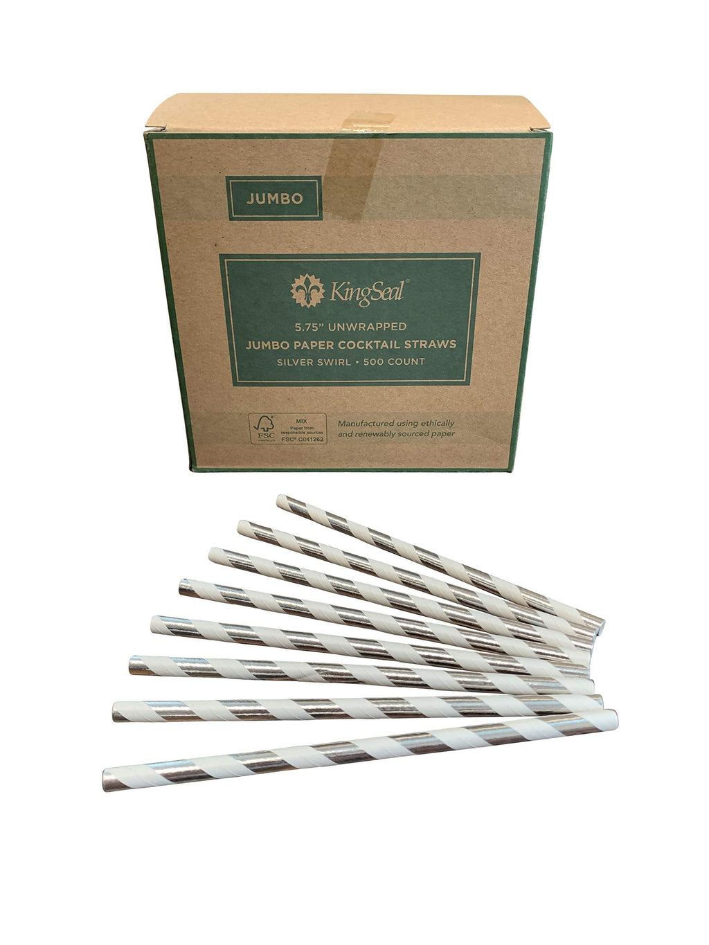 [Australia - AusPower] - Kingseal FSC Certified Paper Cocktail Straws, Unwrapped, 6mm x 5.75 Inches, Silver Stripe, Biodegradable, Earth Friendly, Bulk Pack - 1 Box of 500 Straws 