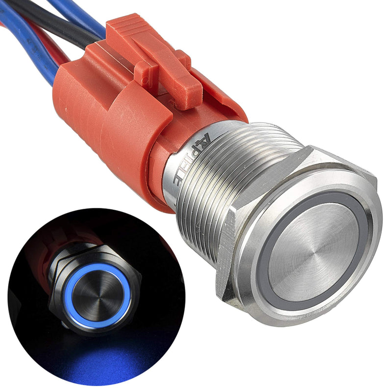 [Australia - AusPower] - APIELE 10 Amp 19mm Latching Push Button Switch 12V LED Waterproof Stainless Steel Round Self-Locking 1NO(Blue, 19mm) Blue 1 