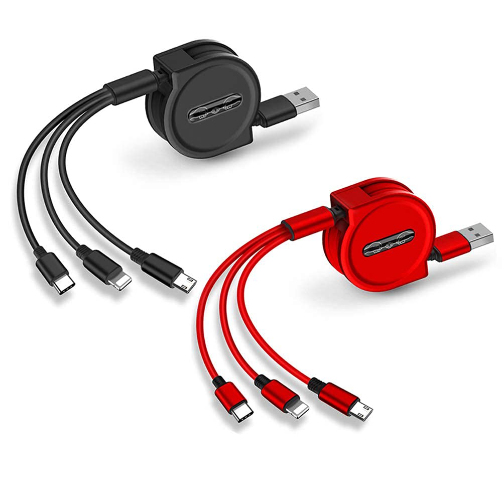 [Australia - AusPower] - 2 Pack Retractable USB Charger Cable,Premium Quality 3 in 1 Multi Fast Charging Cord Adapter with Type C/Micro USB Port Charging Cord for Cell Phones Tablets and Samsung,XS,XR,X,LG Ect (Red + Black) Red + Black 