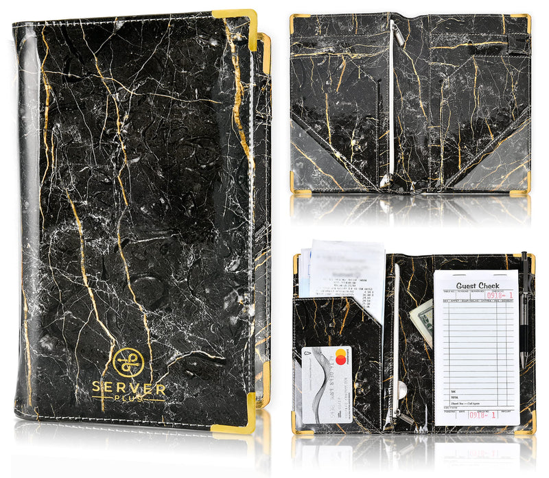 [Australia - AusPower] - Server Book by Server Plus - Server Books for Waitress with Zipper Money Pocket and Pen Holder. Anti Stain Server Books with Metal Corners that Holds Order Pads and Fits Apron. Black Marble 