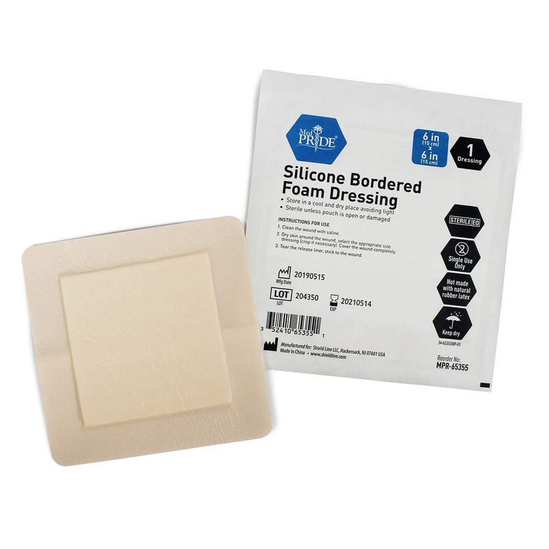 [Australia - AusPower] - Medpride Adhesive Silicone Bordered Foam Wound Dressing Pads- 6 inches by 6 inches, 10 Pack-Trauma Bandaging for Ulcers, Post Op Wounds, Injuries- Individually Wrapped-Sterile, Pain-Free Removal 6x6 Inch (Pack of 10) 