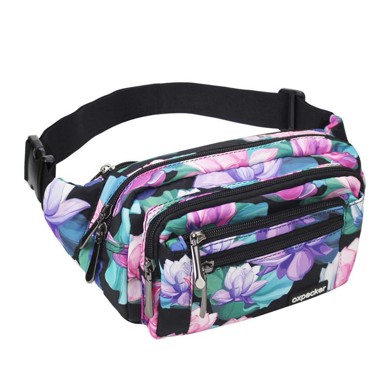 [Australia - AusPower] - Oxpecker Waist Pack Bag with Rain Cover, Waterproof Fanny Pack for Men&Women, Workout Traveling Casual Running Hiking Cycling, Hip Bum Bag with Adjustable Strap for Outdoors (Black Base Floral) Black Base Floral 