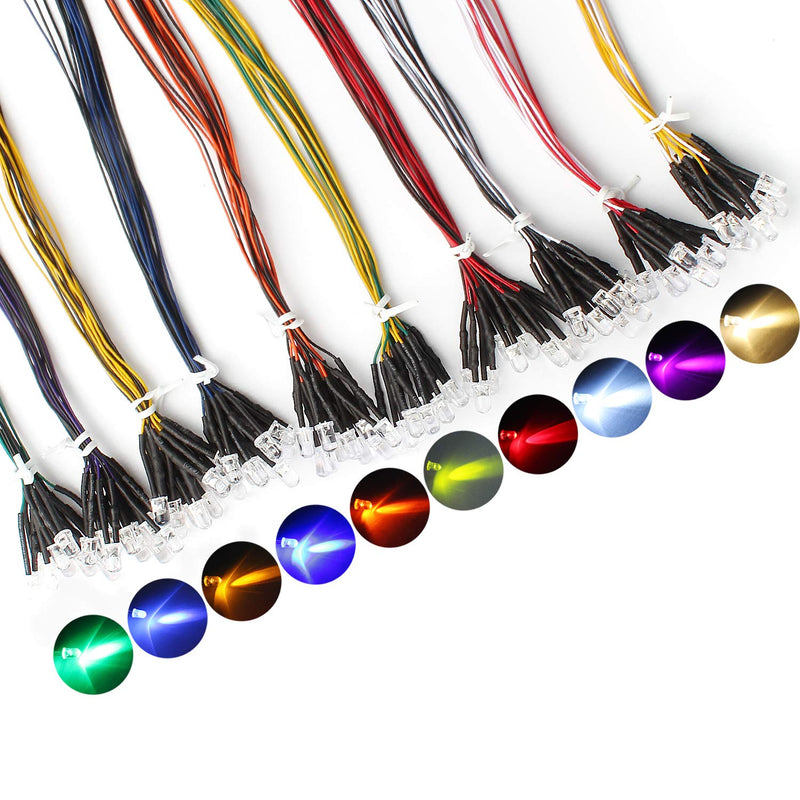 [Australia - AusPower] - DiCUNO 100Pcs (10 Colors × 10Pcs) 5MM Pre Wired 12V LED Diodes, 9.4 Inch/24CM Ultra Bright Light Emitting Diodes Assorted Color Kit Box for Circuit Science Experiment, DIY Lighting Projects 10 Colors 
