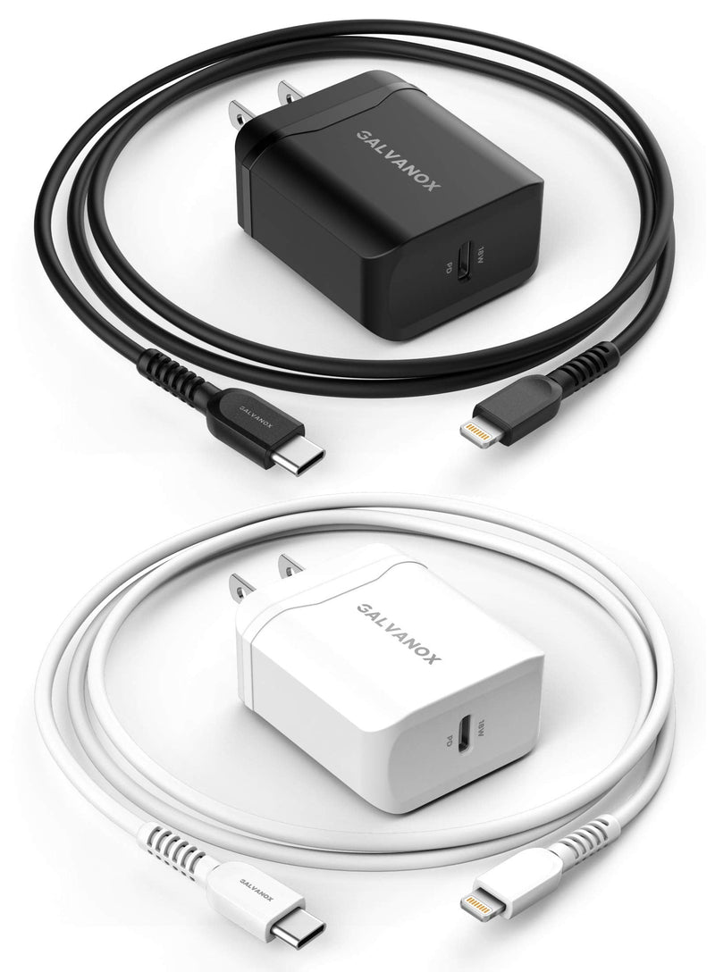 [Australia - AusPower] - Galvanox Fast iPhone Charger  (2 Pack) Apple Certified USB Type C to Lightning Cable with PD (18W Rapid Charging) Wall Plug Power Adapter (1 Black Set - 1 White Set) for iPhone 11/12/13 Pro Max 