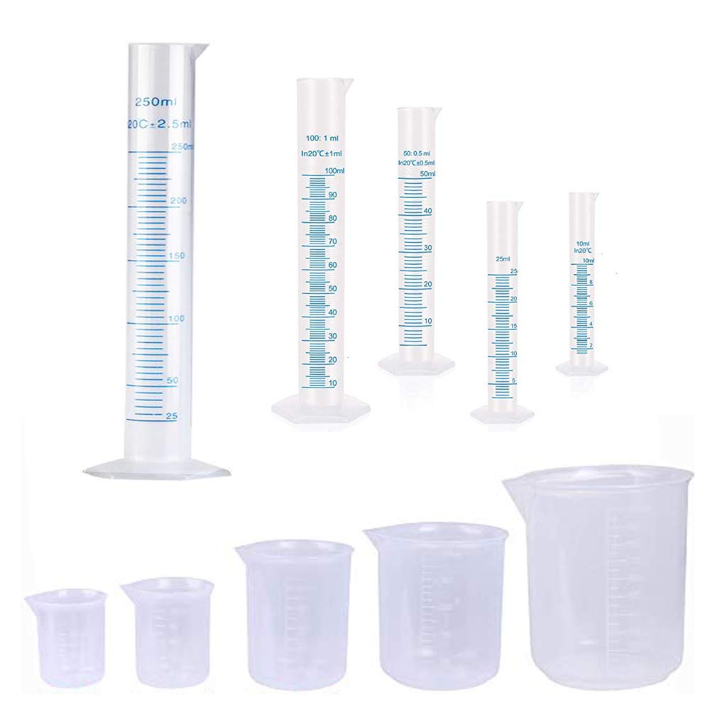 [Australia - AusPower] - 10 Pack Plastic Graduated Cylinkers Beakers Set,Clear Measuring Cylinker 5 Sizes-10ml,25ml,50ml,100ml,250ml and Measuring Beaker 5 Sizes-50ml,100ml,250ml,500ml,1000ml for Lab 