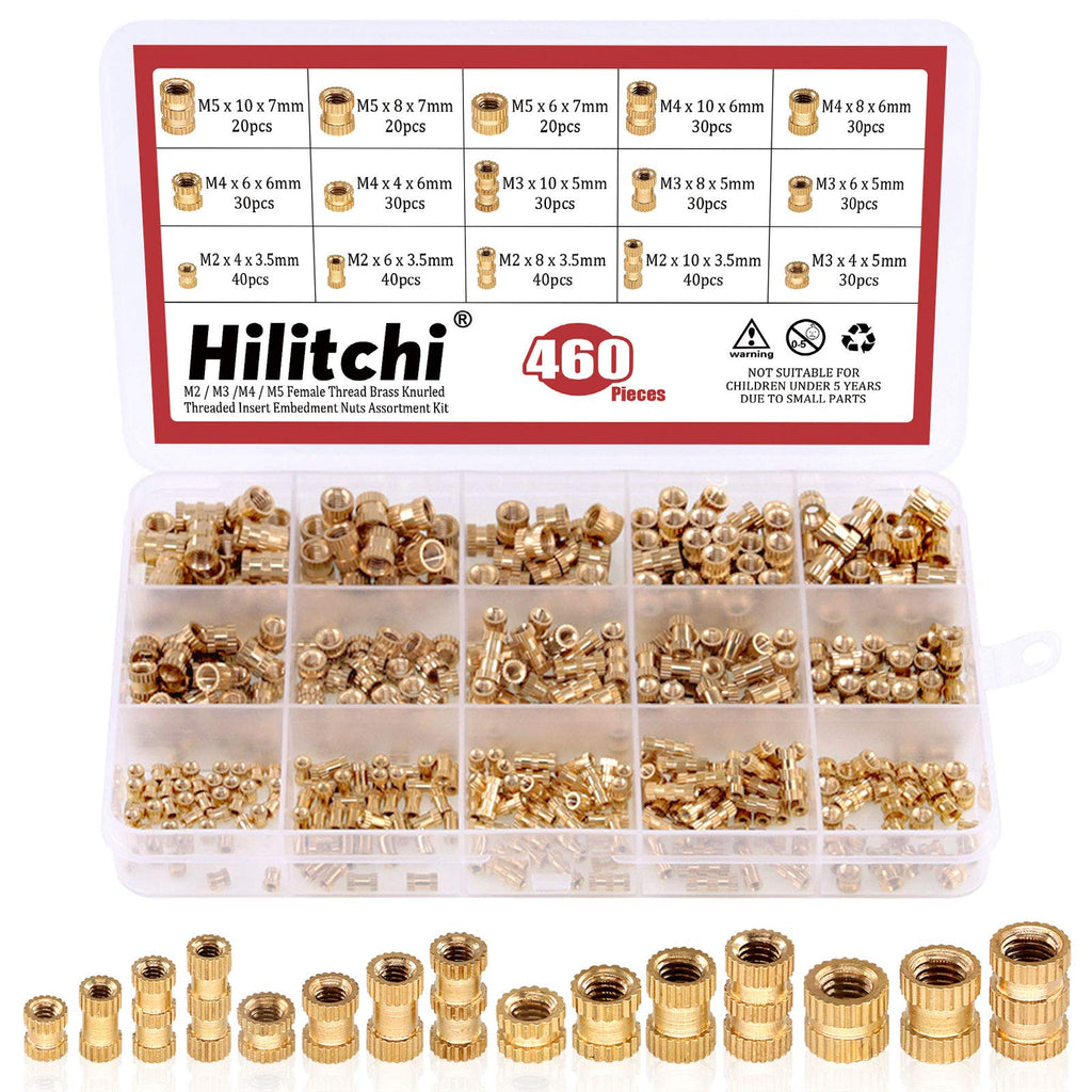 [Australia - AusPower] - Hilitchi 460 Pcs M2 M3 M4 M5 Female Thread Brass Knurled Threaded Insert Embedment Nuts Assortment Kit, Embed Parts, Pressed Fit into Holes for 3D Prints and More Projects 460PCS Assortment Kit 