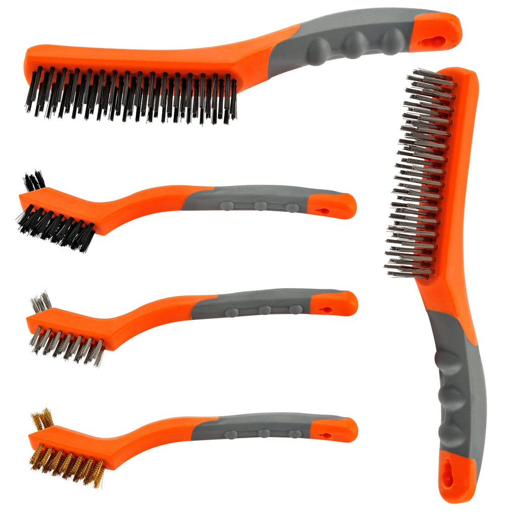 [Australia - AusPower] - Wire Brush Set 5PCS, Nylon/Brass/Stainless Steel/Carbon Steel Bristles Wire Scratch Brush with Curved Rubber Handle for Cleaning Rust, Corrosion, Dirt, Paint Scrubbing, Deep Detailing Cleaning, Orange 