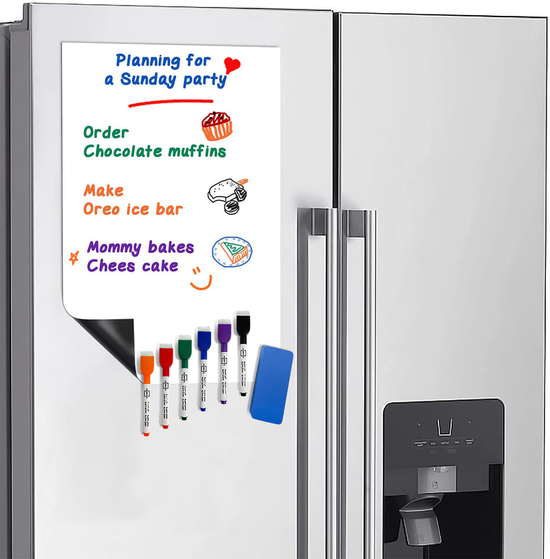 [Australia - AusPower] - Magnetic Fridge Whiteboard Sheet for Kitchen Refrigerator - Dry Erase Magnetic White Board Organizer & Planner 11"x17" Strong Magnet with Stain Resistant Technology Includes 6 Markers and Big Eraser 