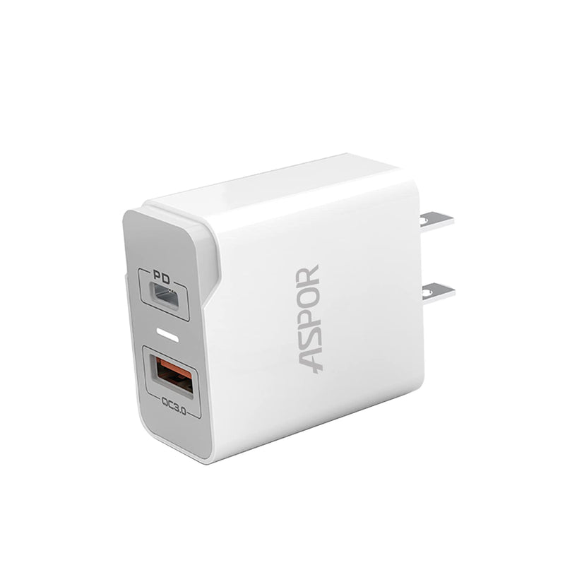 [Australia - AusPower] - 20W Dual Ports Charger with Type C QC 3.0 and Indicator Light, Super Fast Portable Cell Phone Wall Charger, ASPOR USB C and USB A Home Power Adapter,Compatible for Smart Phone 13 Tablet 