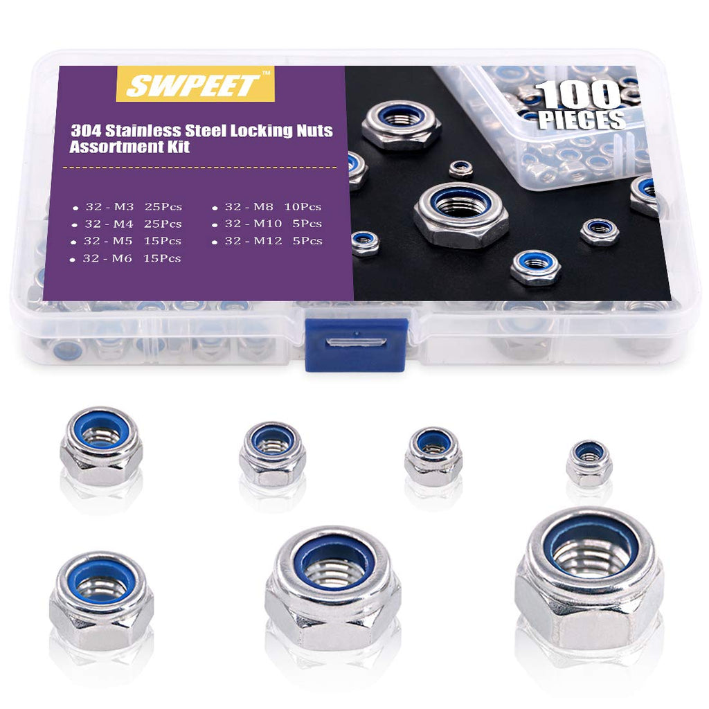 [Australia - AusPower] - 100Pcs 304 Stainless Steel Metric Lock Nut Assortment Kit Perfect for Lock Washers, Nylon Insert Locknut M3 M4 M5 M6 M8 M10 M12 