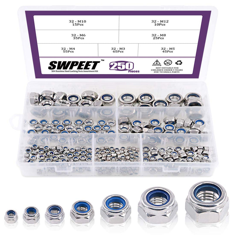 [Australia - AusPower] - Swpeet 250Pcs 304 Stainless Steel Metric Lock Nut Assortment Kit Perfect for Lock Washers, Nylon Insert Locknut M3 M4 M5 M6 M8 M10 M12 M3-M12 