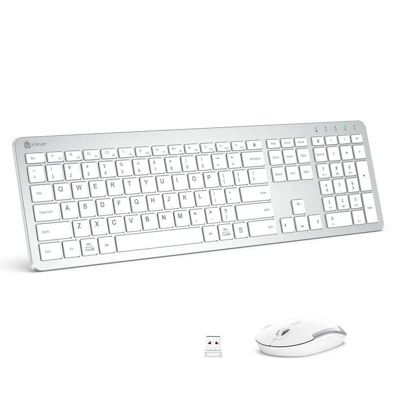 [Australia - AusPower] - iClever GK08 Wireless Keyboard and Mouse - Rechargeable Keyboard Ergonomic Quiet Full Size Design with Number Pad, 2.4G Stable Connection Slim White Keyboard and Mouse for Windows Mac OS Computer Silver 