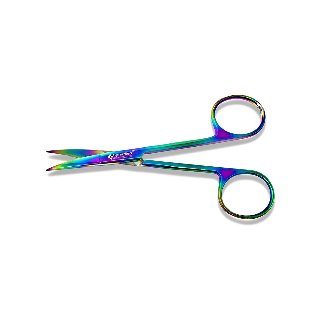 [Australia - AusPower] - Cynamed Iris Micro Dissecting Scissors with Multicolor/Rainbow Titanium Coating - Premium Quality Instrument - Perfect for Fine Precision Tissue Dissection, Suture Removal and More (Curved Blades) Curved Blades 