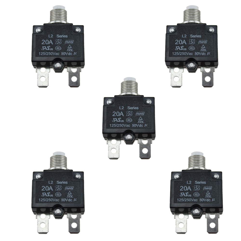 [Australia - AusPower] - KOOBOOK 5Pcs 5A 10A 20A Push Button Resettable Thermal Circuit Breaker Current Overload Protector Panel Mount DC50V AC125/250V 20A 