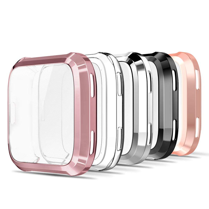 [Australia - AusPower] - Simpeak 5-Pack Soft Screen Protector Bumper Case Compatible with Fitbit Versa Smartwatch, Full Protection, Rose Pink/Clear/Silver/Black/Rose Gold 
