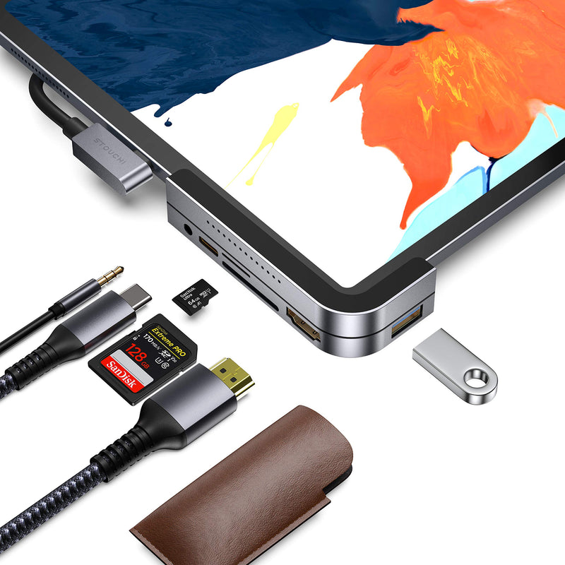 [Australia - AusPower] - Invisible USB C Hub for iPad Pro, iPad Pro 2018 Docking Station Stouchi 6 in 1 iPad Pro Dongle Adapter- USB 3.1 (5Gb/s), 4K HDMI, 3.5mm Headphone and Micro/SD Card Readers for 2020 iPad Pro and More 