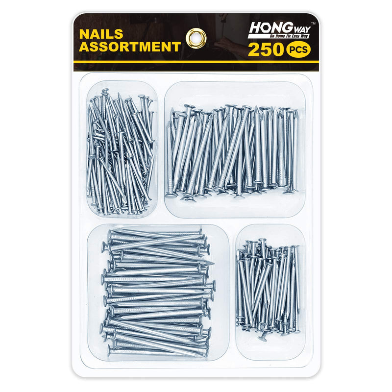 [Australia - AusPower] - HongWay 250pcs Hardware Nails Assortment Kit, Small Nails for Picture Hanging, 4 Size Nails for Wall, Finishing Nails, Wood Nails, Picture Hanging Nails, Hanging Nails, Picture Nails, Wall Nails 