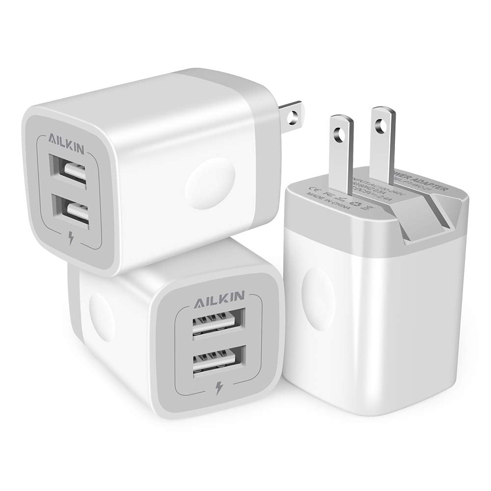 [Australia - AusPower] - 3Pack Fast Charging Cubes, Foldable Dual Port Charger Block, AILKIN Fast USB Plug Power Adapter Fold up Box Base Brick for iPhone XR/XS Max/X iPad Samsung Galaxy Tablet Kindle Fire LG Pixel Xbox Blu A-White 