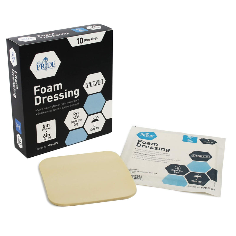 [Australia - AusPower] - Medpride Foam Dressings- 10 Pack, 6 Inch by 6 Inches Size - Sterile, Hydrophilic, Highly Absorbent- Soft, Non-Adhesive Pads, Easy to Change- for Men & Women- for Ulcers, Post Op Trauma + Injuries 6X6 Inch (Pack of 10) 