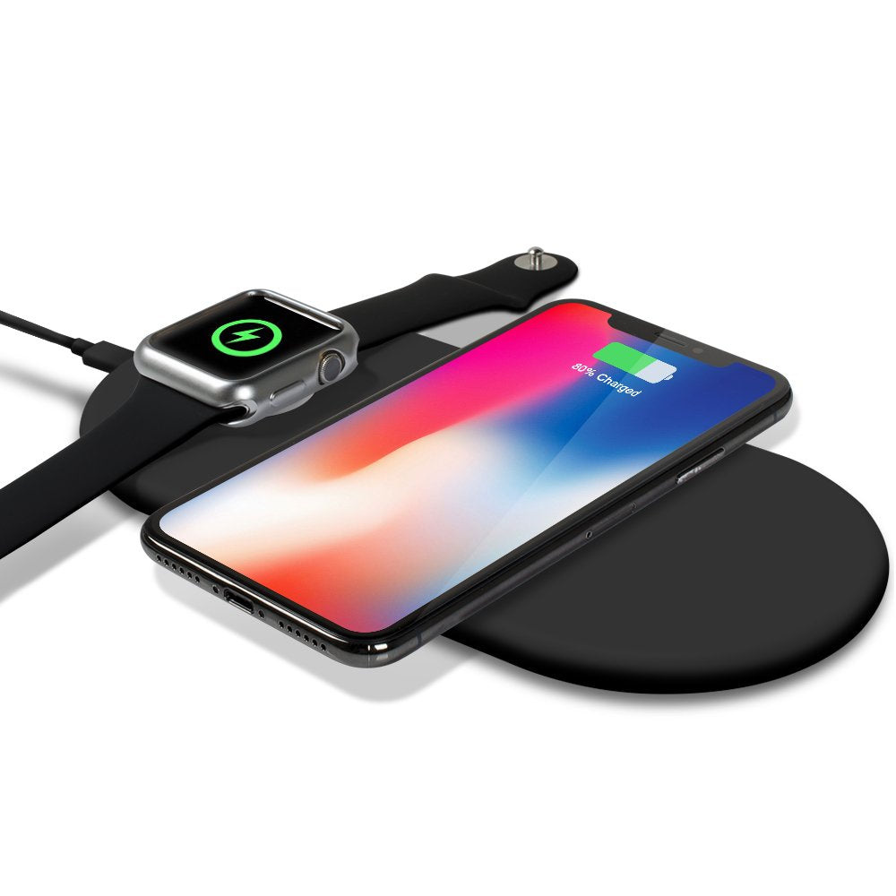 [Australia - AusPower] - Smartwatch Wireless Charger, top4cus Ultra Slim 2 in 1 Qi Fast Wireless Charging Stand Compatible iPhone XS/XR/X/8/8plus Apple Watch Series 5/4/ 3/2/ 1, Airpods, Samsung Galaxy - Black 