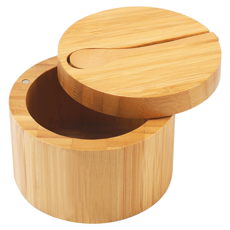 [Australia - AusPower] - Bamboo Salt Cellar with Mini Spoon by HTB, Kitchen Salt Box with Swivel Magnetic Closure Lid, Round Salt Container to Storage Pepper Spice Bath Salt Sea Salt 1pcs 