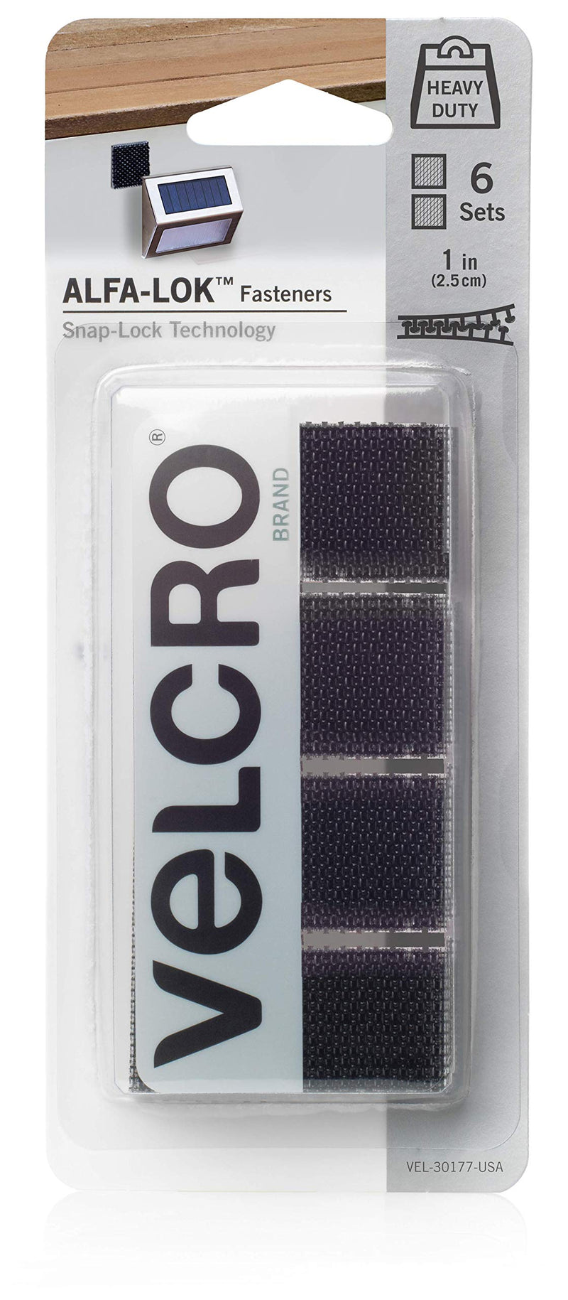 [Australia - AusPower] - VELCRO Brand VEL-30177-USA ALFA-LOK Fasteners | Heavy Duty Snap-Lock Technology | Self-Engaging and Multidirectional Use | Black, 1 inch Squares, 6 Sets 