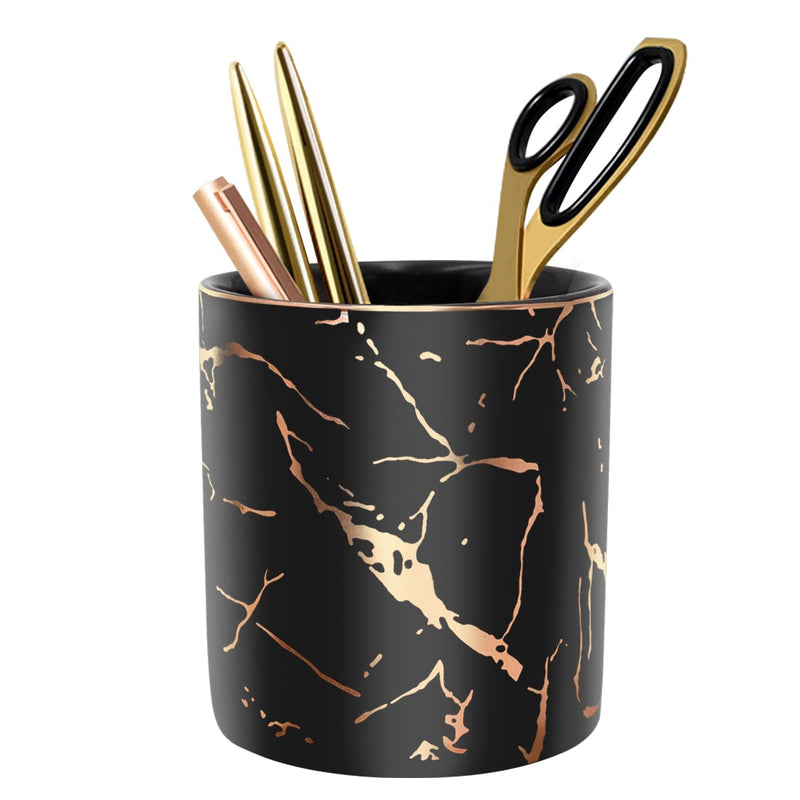 [Australia - AusPower] - Pencil Cup, Pen Holder for Desk, Pen Pencil Stand Holder for Desk, WAVEYU Office Desk Organizer for Girls Women Kids Ceramic Glitter Marble Makeup Brush Holder, Black (Upgrade Style) Black Marble 
