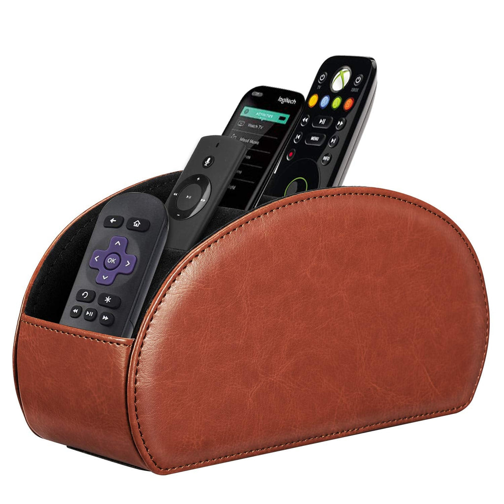 [Australia - AusPower] - Fintie Remote Control Holder, Vegan Leather TV Remote Caddy Desktop Organizer 5 Compartments Fits TV Remotes, Media Controllers, Office Supplies, Makeup Brush, Brown 