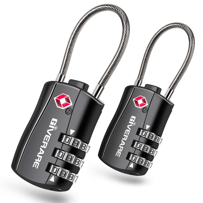 [Australia - AusPower] - GIVERARE 2 PCS TSA Approved Luggage Locks, Combination Travel Cable Lock, Re-settable 3-Digit Padlocks with Alloy Body, Keyless Travel Sentry Accepted Padlock for Gym Locker, Golf Bag Case-Black 2 pack Black 