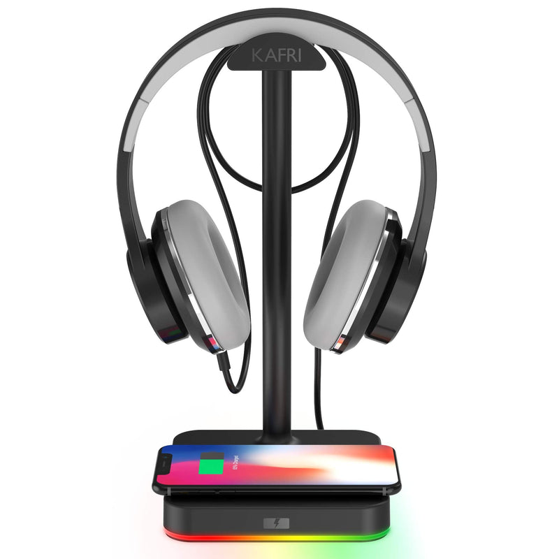 [Australia - AusPower] - RGB Headphone Stand with Wireless Charger KAFRI Desk Gaming Headset Holder Hanger Rack with 10W/7.5W Fast Charge QI Wireless Charging Pad - Suitable for Gamer Desktop Table Game Earphone Accessories A-ONE STAND 