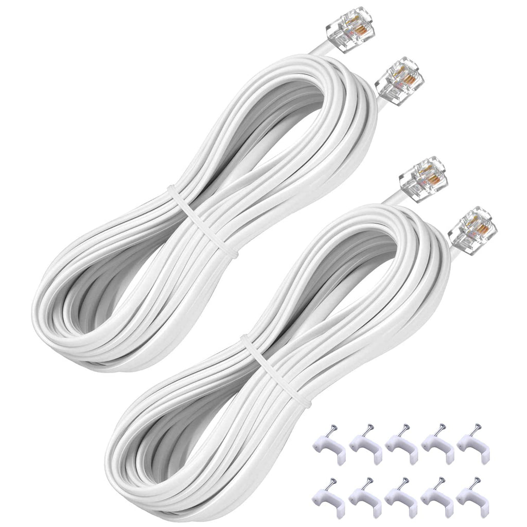 [Australia - AusPower] - 15FT Telephone Extension Cord Cable, Landline Phone Line Wire with RJ11 6P4C Plugs, Includes Cable Clips - White - 2 Pack 15FT 