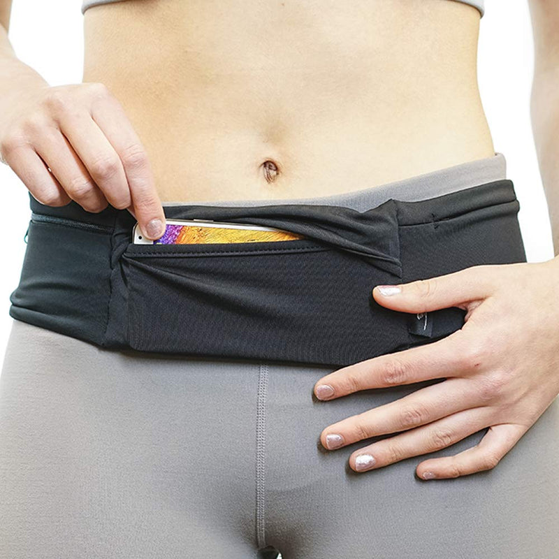 [Australia - AusPower] - Sprigs 3 Pocket Adjustable Running Belt Waist Pack, Fanny Pack for Working Out with Sweat Resistant Backing, Holds All iPhone Models Black/Black Large/XL 