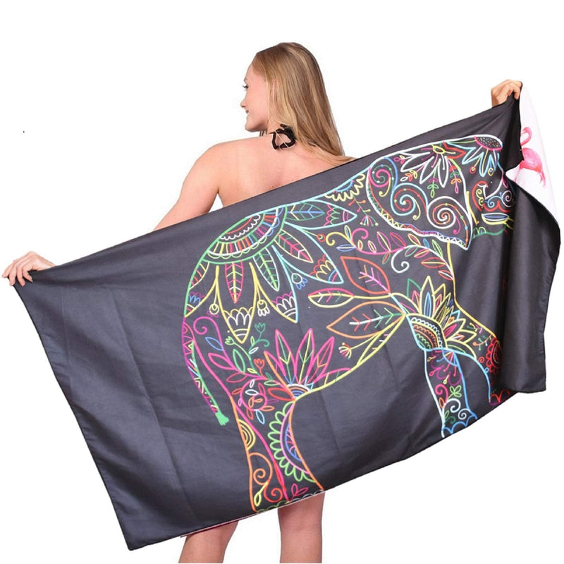 [Australia - AusPower] - Microfiber Sand Free Beach Towel-Quick Fast Dry Super Absorbent Oversized Lightweight Big Large Towels Blanket for Travel Pool Swimming Bath Camping Adult Women Men Body Black Elephant Flamingo 