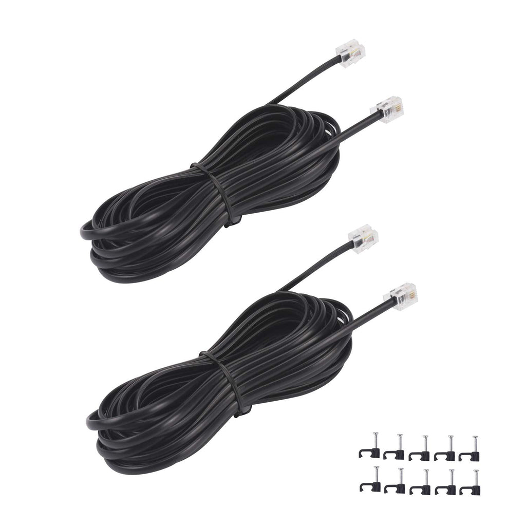 [Australia - AusPower] - 15FT Telephone Extension Cord Cable, Landline Phone Line Wire with RJ11 6P4C Plugs, Includes Cable Clips - Black - 2 Pack 15FT 
