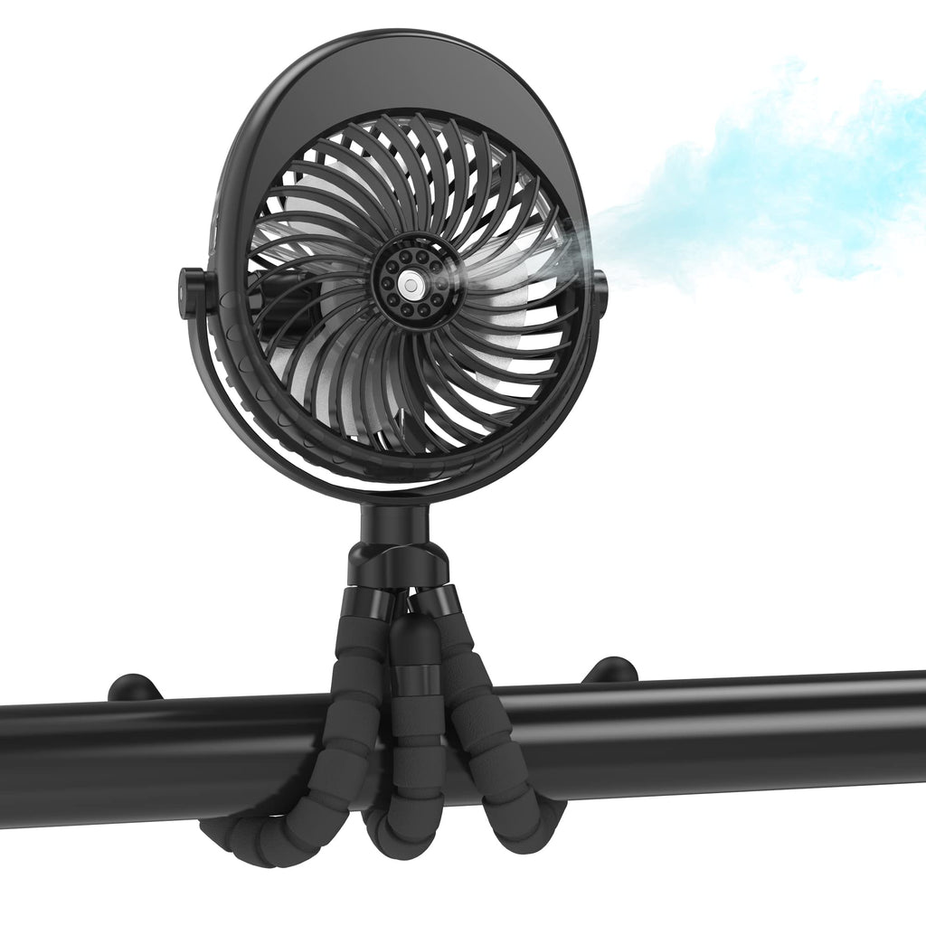 [Australia - AusPower] - Misting Stroller Fan, 2500mAh Battery Powered Personal Desk Air Circulator Fan with Flexible Tripod, Ultra Quiet 3 Speed 270° & 360° Rotatable USB Fan for Stroller Office Camping Hurricane Outage,Black Black 