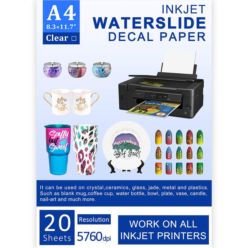 [Australia - AusPower] - Water Slide Decal Paper Inkjet 20 Sheets A4 Size Premium Water Slide Transfer Paper Clear Transparent Printable Waterslide Paper for Tumblers, Mugs, Glasses DIY Clear / Inkjet 