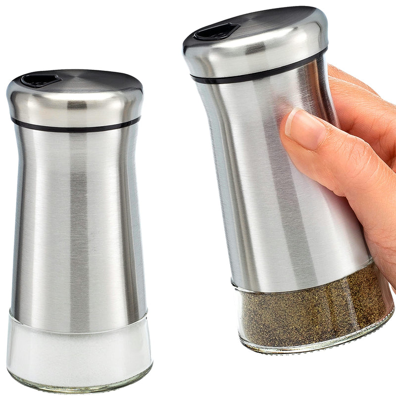 [Australia - AusPower] - HOME EC Glass Salt and Pepper Shakers Set with Adjustable Pour Holes - Stainless Steel Salt Shaker and Pepper Shaker - Farmhouse Salt and Pepper Shaker Set for Himalayan, Kosher Sea Salts & Spices Silver 