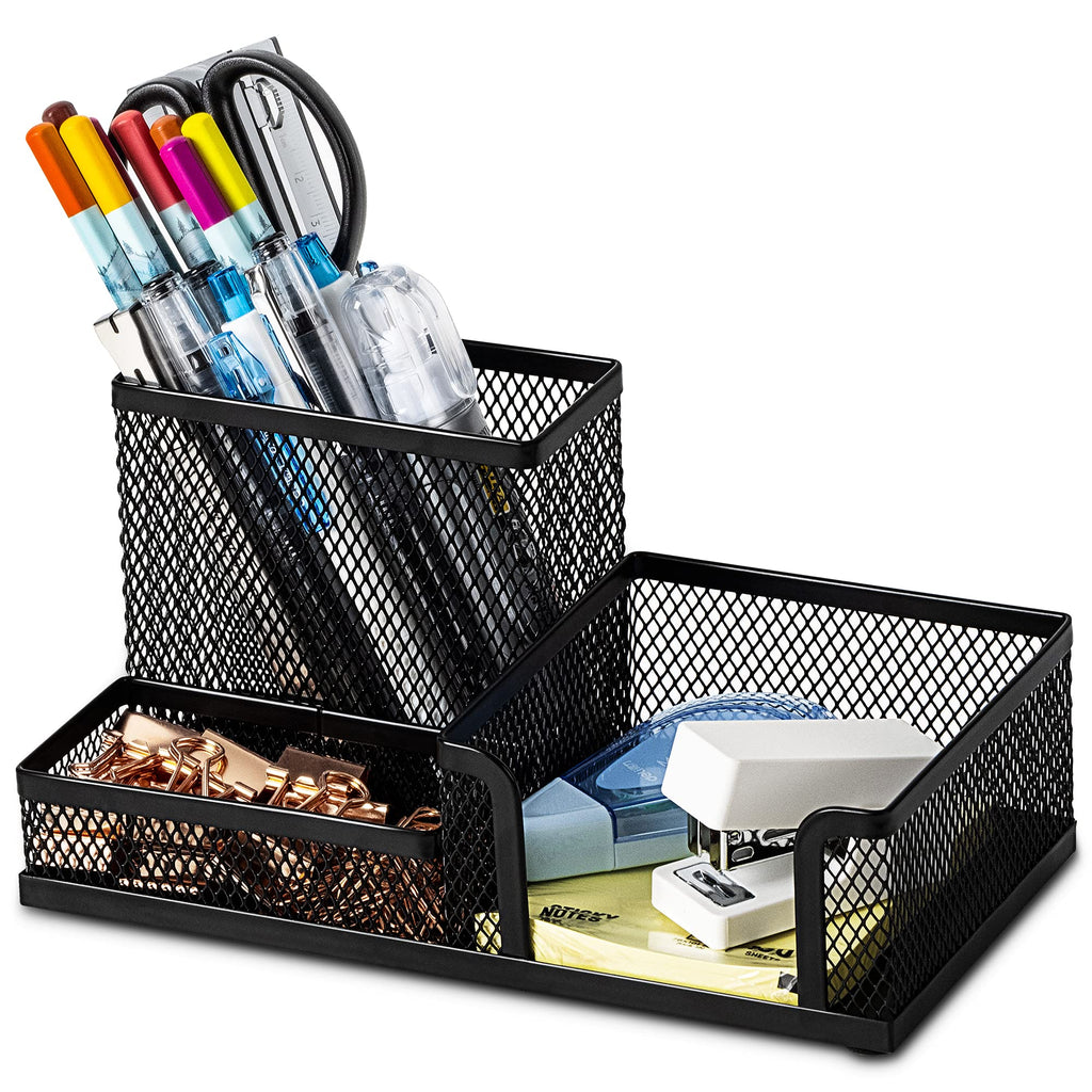 [Australia - AusPower] - Deli Mesh Desk Organizer Office Supplies Caddy with Pencil Holder and Storage Baskets for Desktop Accessories, 3 Compartments, Black 