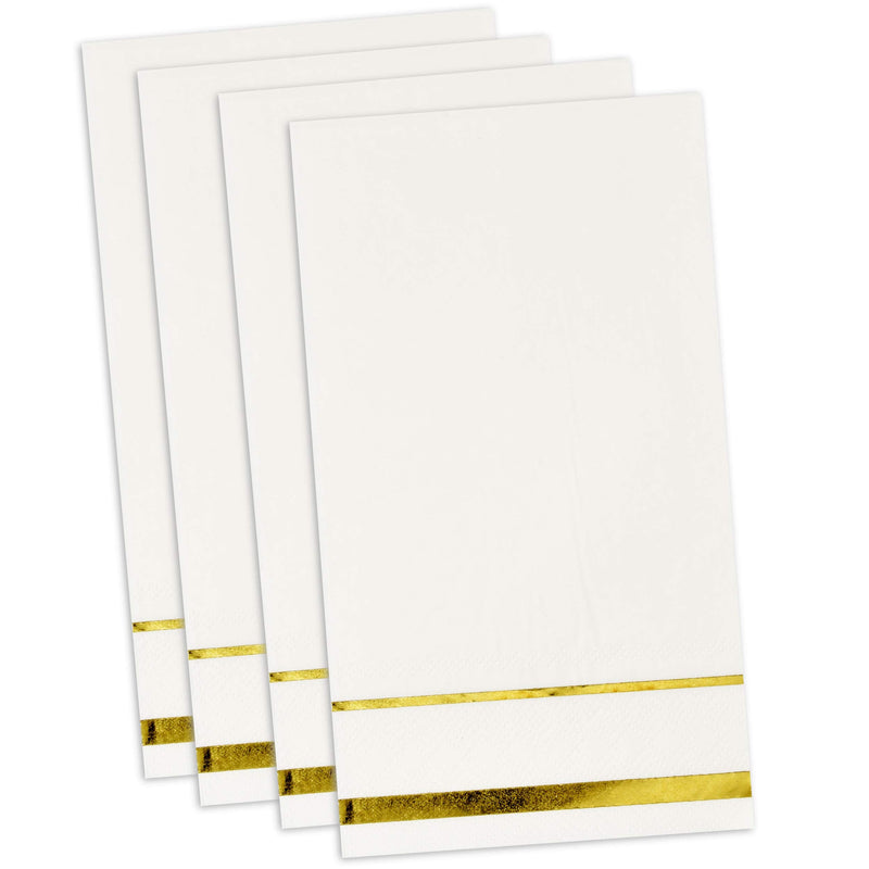 [Australia - AusPower] - 100 Gold Trim Lined Guest Napkins Disposable Paper Pack Elegant Dinner Hand Napkin for Bathroom Wedding Holiday Anniversary Birthday Party Bridal & Baby Shower Metallic Golden Foil Decorative Towels White and Gold 