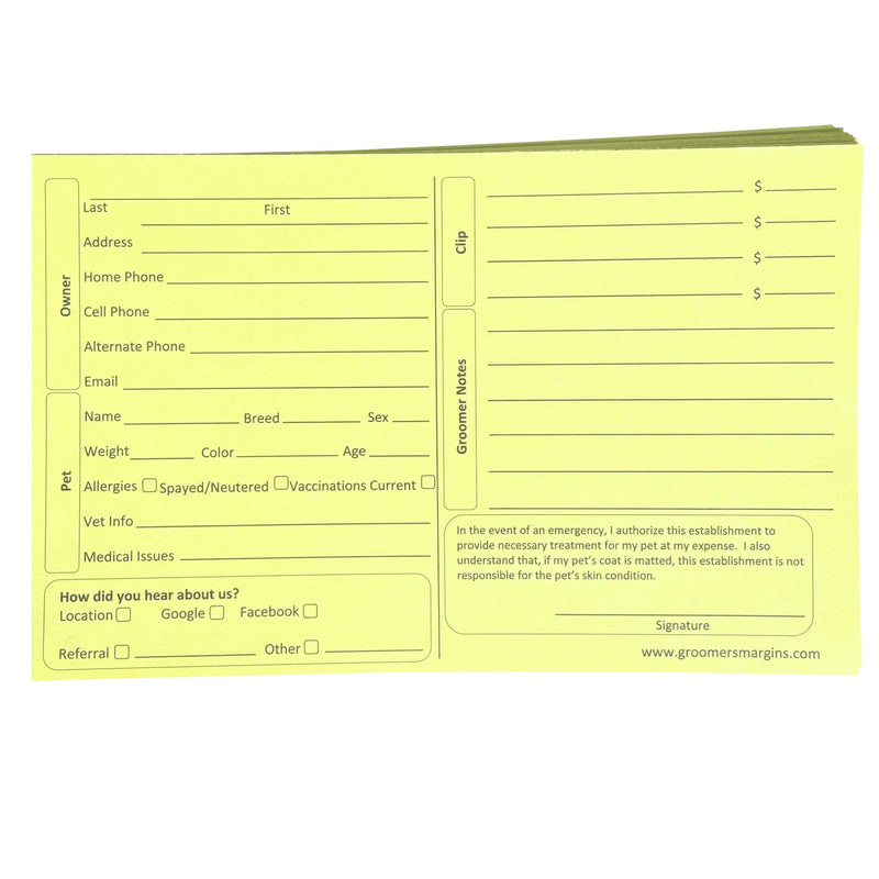 [Australia - AusPower] - Pet, Dog, Cat Grooming Customer Clip Cards (100 Pack 8 X 5 inch Professional Profile Kennel Record Care Service Card) (Canary) 