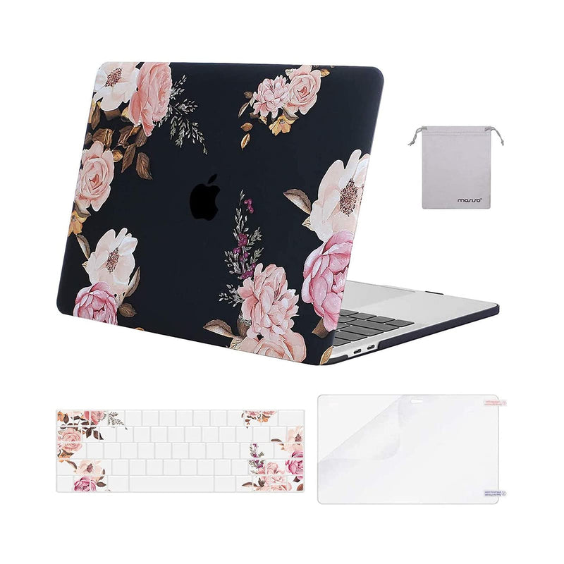 [Australia - AusPower] - MOSISO Compatible with MacBook Pro 13 inch Case 2016-2021 Release A2338 M1 A2289 A2251 A2159 A1989 A1706 A1708, Plastic Peony Hard Shell Case&Keyboard Cover Skin&Screen Protector&Storage Bag, Black 