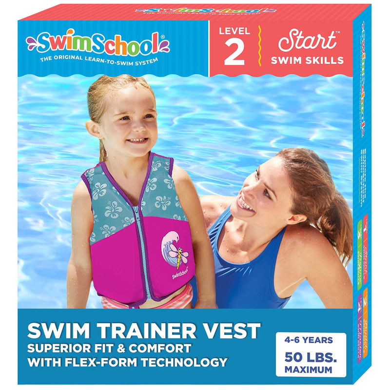 [Australia - AusPower] - SwimSchool Swim Trainer Vest – Medium/Large Max 50 Pounds – Kids Swim Vest with Padded Shoulders –Comfortable Flex-Form-Fit Design with Adjustable Safety Strap – Pink/Aqua 
