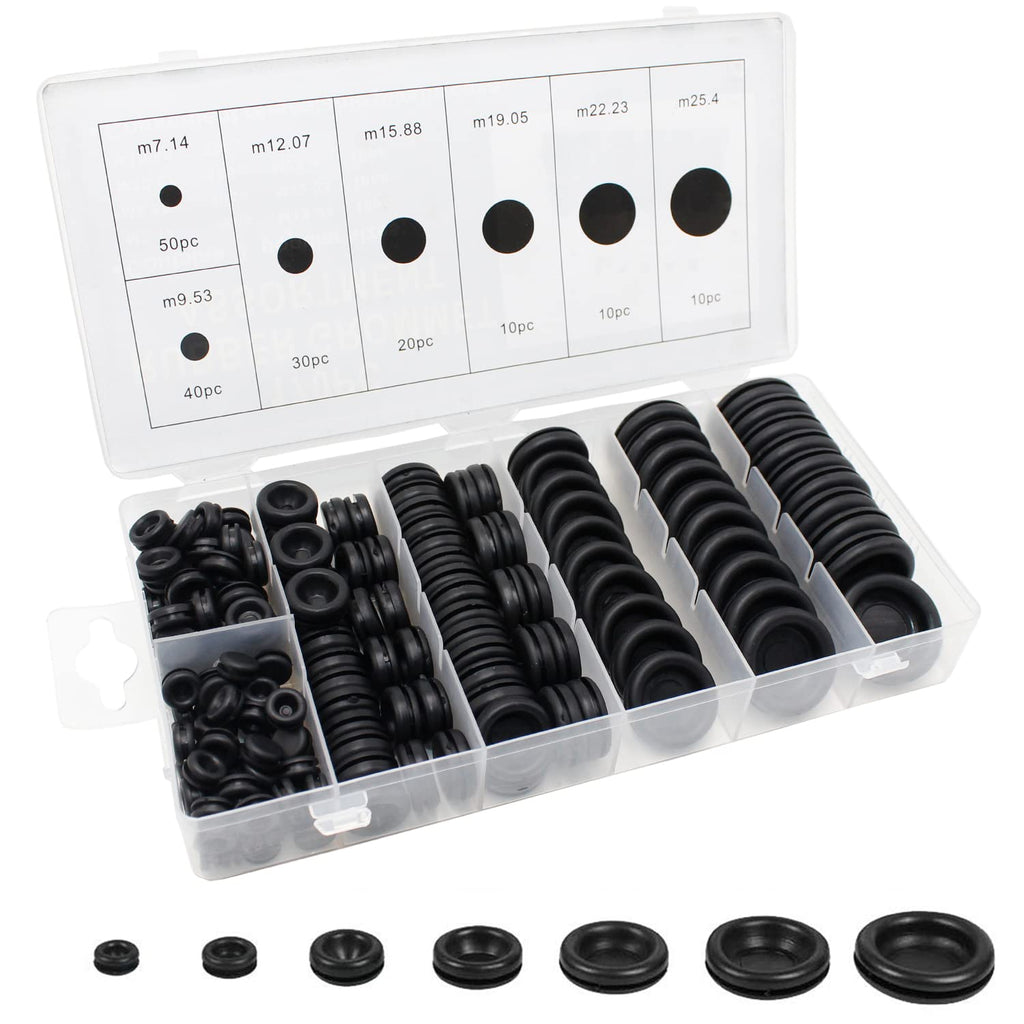 [Australia - AusPower] - 170 PCS Rubber Grommet Firewall Hole Plug Set Electrical Wire Gasket Kit, Rubber Grommets for Wiring Assortment Kit of Drill Hole 1/4" 3/8" 1/2" 5/8" 3/4" 7/8" 1" Rubber Grommet Kit Closed 