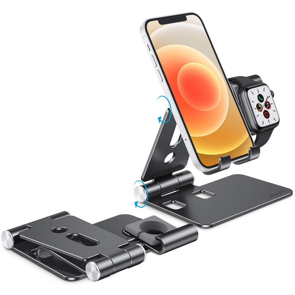 [Australia - AusPower] - Foldable Apple Watch Stand - OMOTON Portable Aluminum 2 in 1 Charging Stand Holder Dock for Nightstand, Designed for Apple Watch, Compatible with All iPhone and Android Phones, Black 